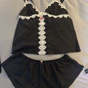 Betsey Johnson Black Pajamas with Lace Trim and Spaghetti Straps
